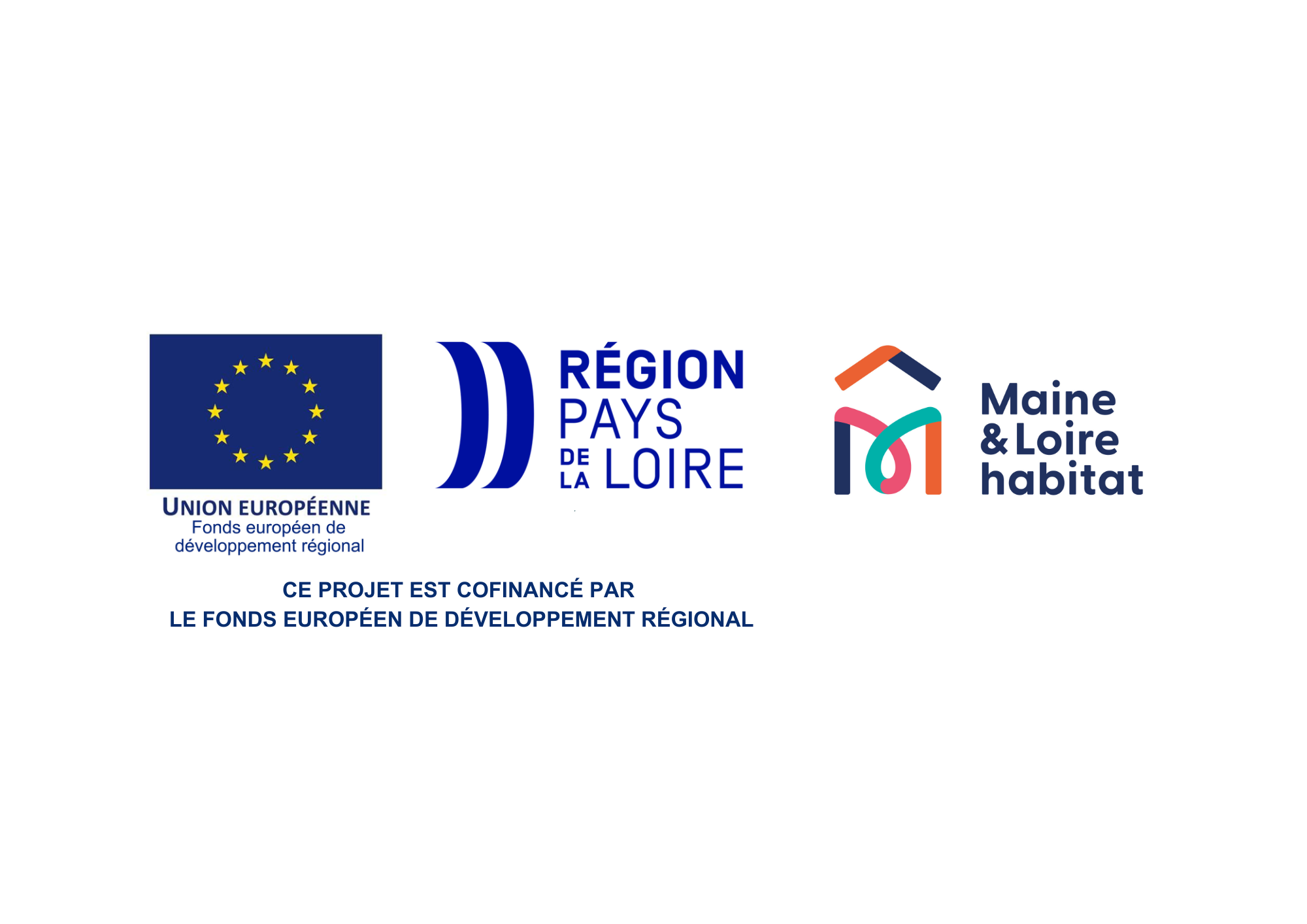 Logos du FEDER, de la région pays de la loire et de Maine-et-Loire habitat