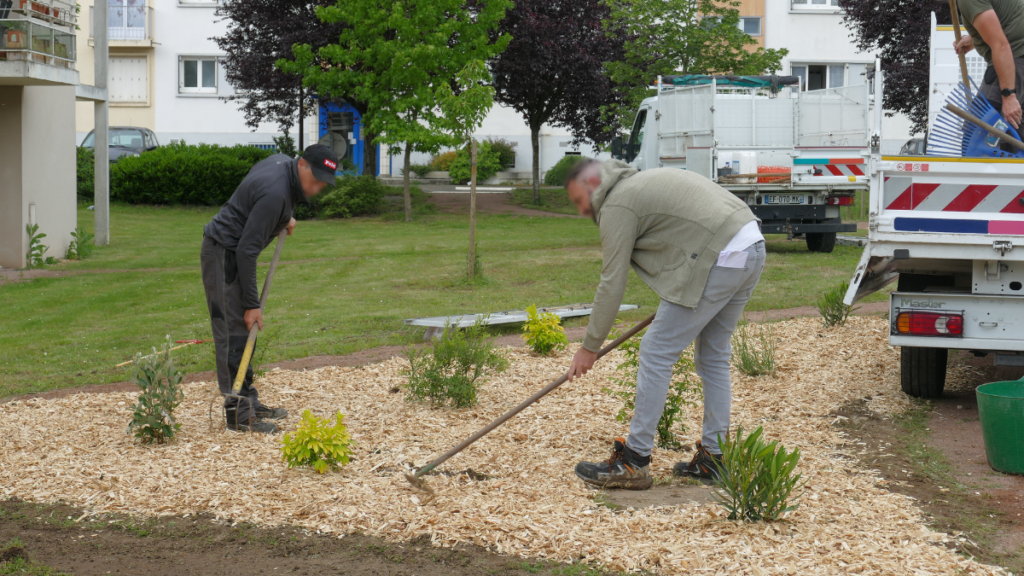 Collaborateurs Meldomys en train d'entretenir des espaces verts