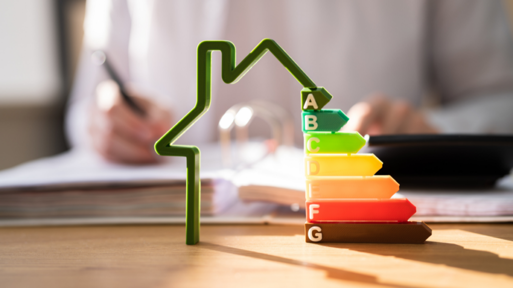Maison avec l'échelle d'un DPE et un homme en arrière-plan